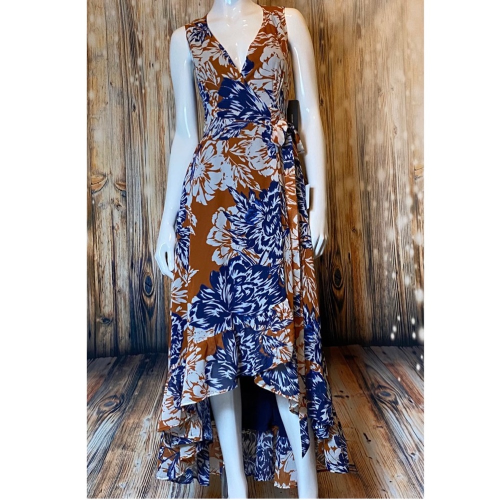 LuLus Wrap Hi Low Blue Rust Floral Maxi Dress